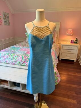 Lilly Pulitzer Sky Blue Halter Shift Dress with Crochet Yoke